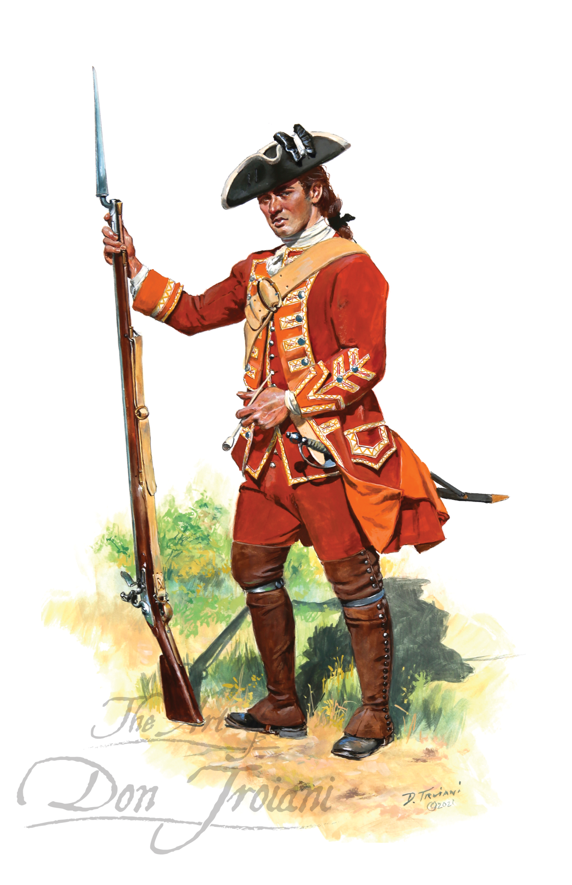 Painting of a colonial soldier in red uniform holding a rifle on a white background