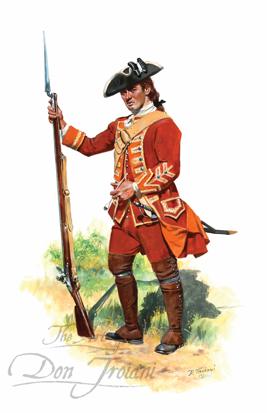Painting of a colonial soldier in red uniform holding a rifle on a white background