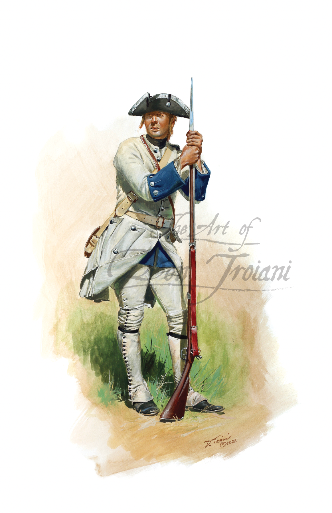 Artistic depiction of a colonial soldier holding a rifle.
