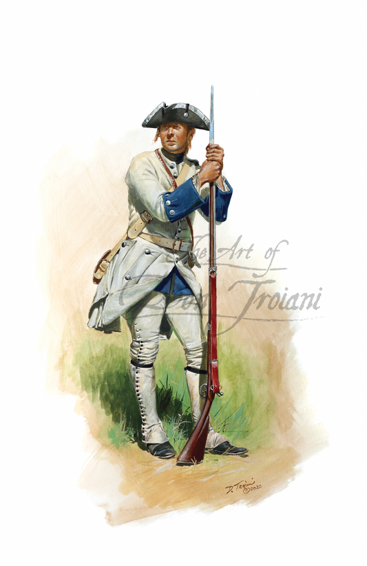 Artistic depiction of a colonial soldier holding a rifle.