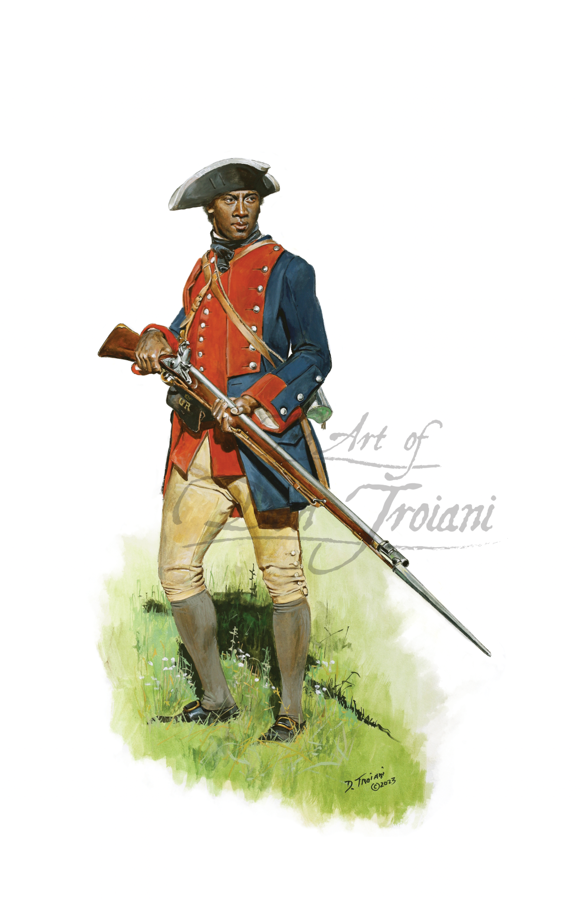Illustration of a colonial soldier in red coat and blue vest holding a rifle.