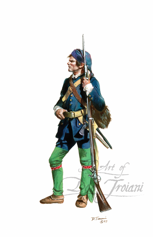 Illustration of a soldier in colonial attire holding a rifle on a white background