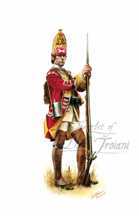 Illustration of a soldier in historical military uniform holding a rifle on a white background.