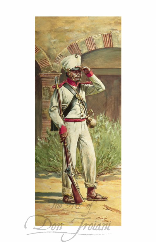 Mexican Soldier. Painting of a soldier in historical military uniform with a rifle, standing in a desert-like setting.