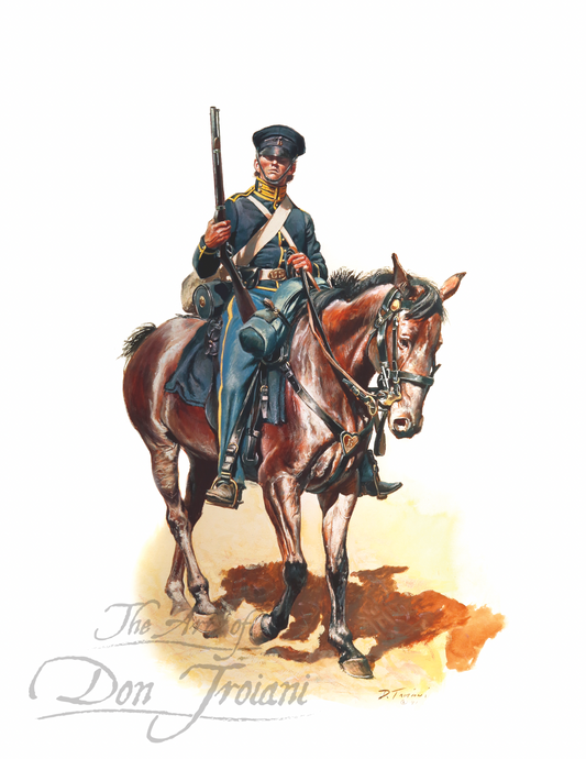 Trooper, 1st Regiment, U.S. Dragoons. Painting of a soldier on horseback with 'The Art of Don Troiani' signature.