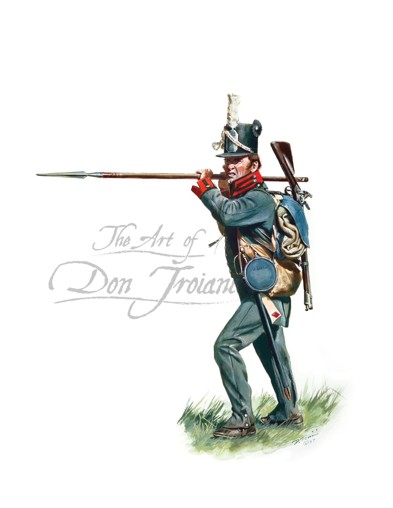 Infantry Private of the 15th Regiment. Illustration of a soldier in historical uniform with a rifle, standing on grass.