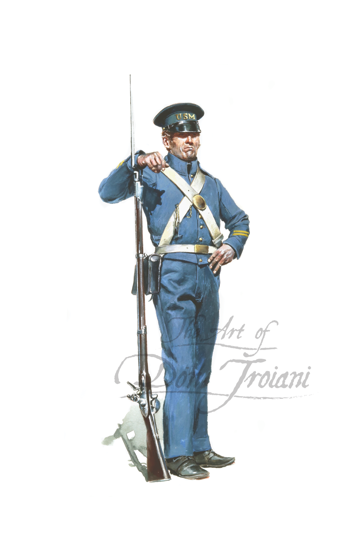 U.S. Marine Corporal, 1847. Illustration of a soldier in uniform holding a rifle on a white background