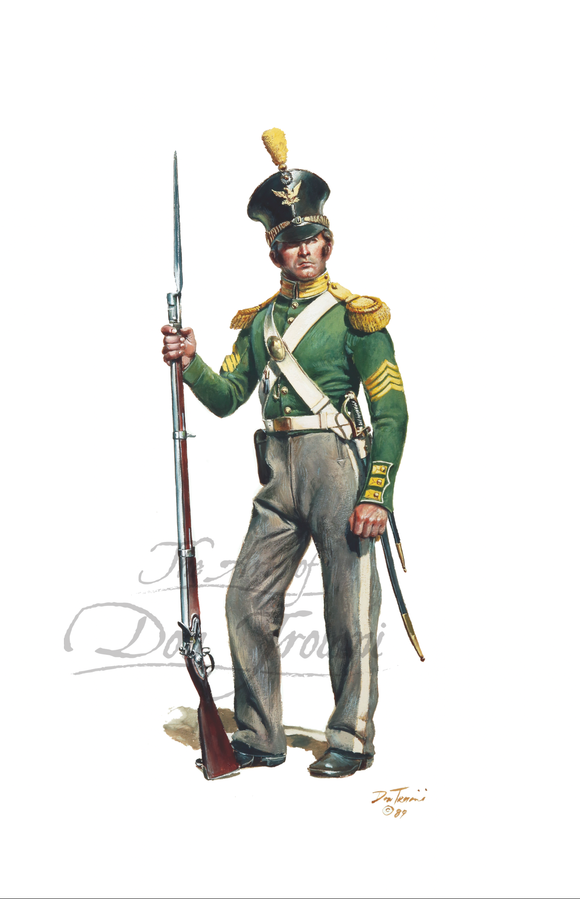 U.S. Marine Sergeant, 1838 painting of a soldier in historical military uniform holding a rifle on a white background