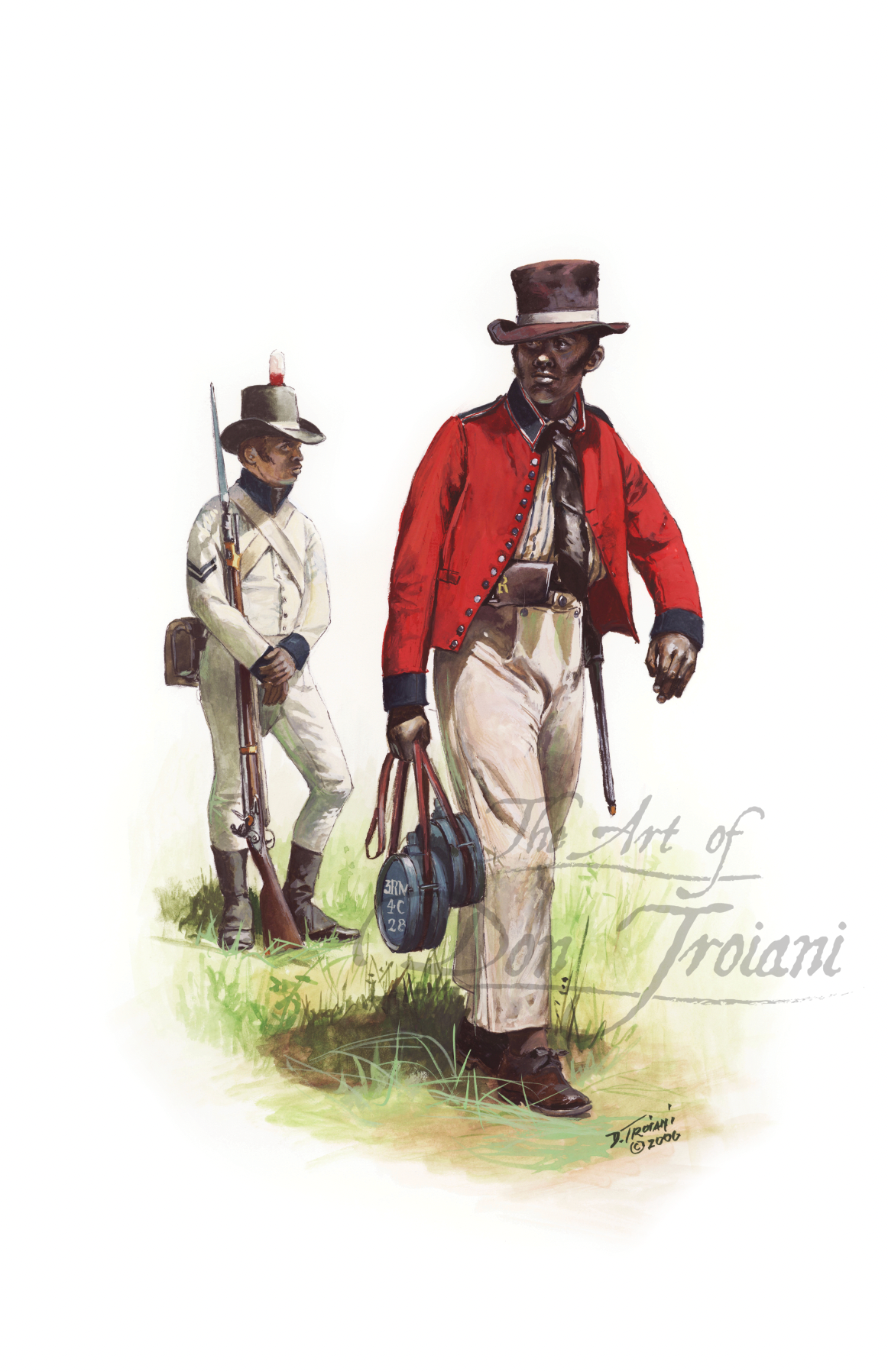 Black Royal Colonial Marine, 1814 Two men in historical military uniforms with rifles and bags, signed 'Art of Don Troiani'.