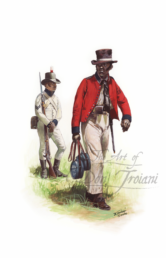 Black Royal Colonial Marine, 1814 Two men in historical military uniforms with rifles and bags, signed 'Art of Don Troiani'.
