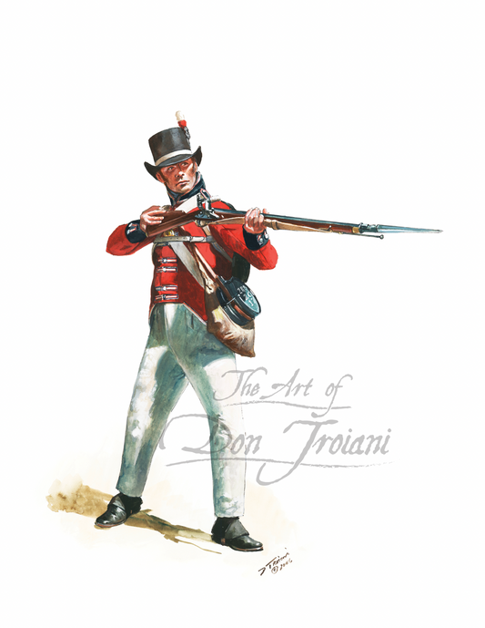 British Royal Marines. Artistic depiction of a soldier in historical uniform holding a rifle on a white background.