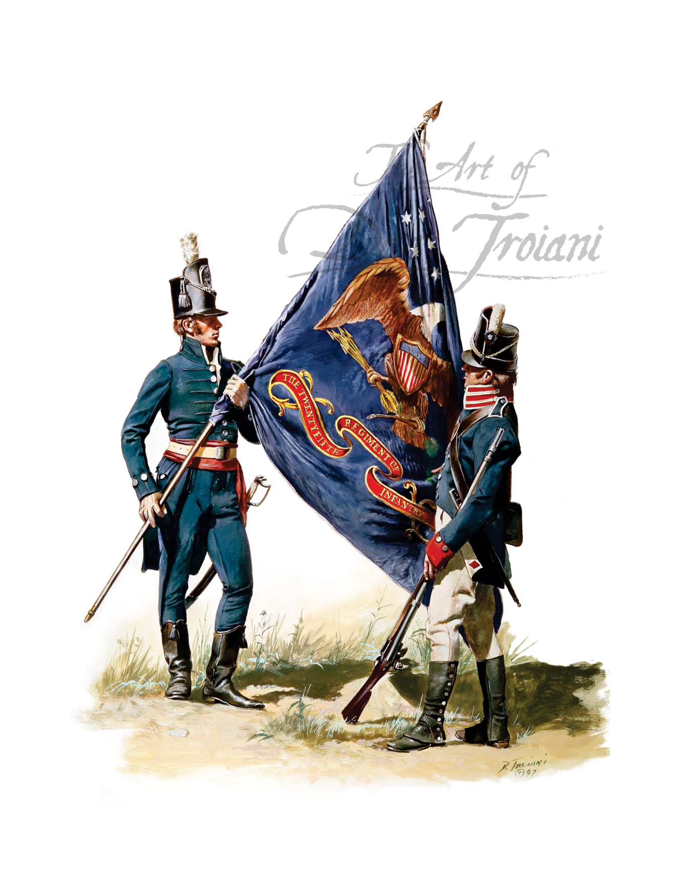 25th U.S. Infantry, 1812. Two soldiers in historical uniforms holding a large flag with an eagle emblem.