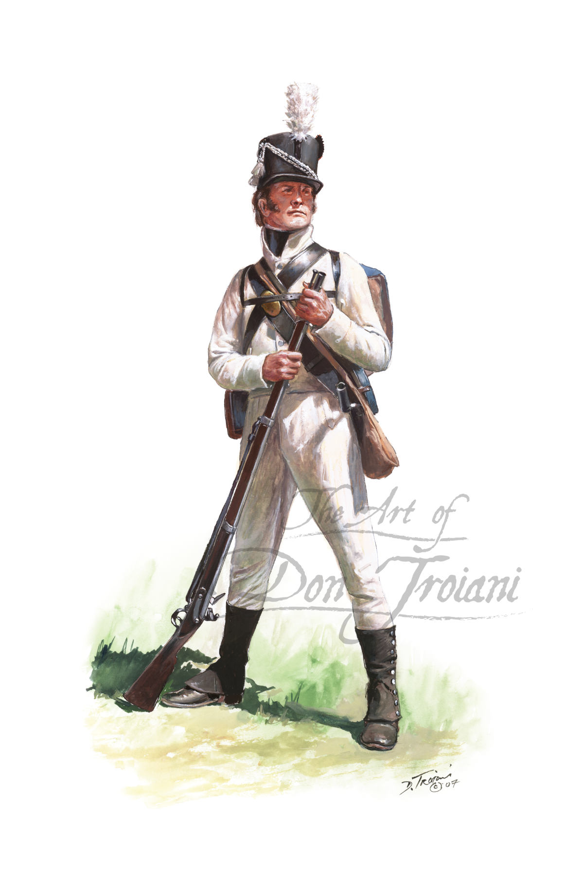 U.S. Infantry Private. Artistic depiction of a soldier in historical uniform holding a rifle on a white background.