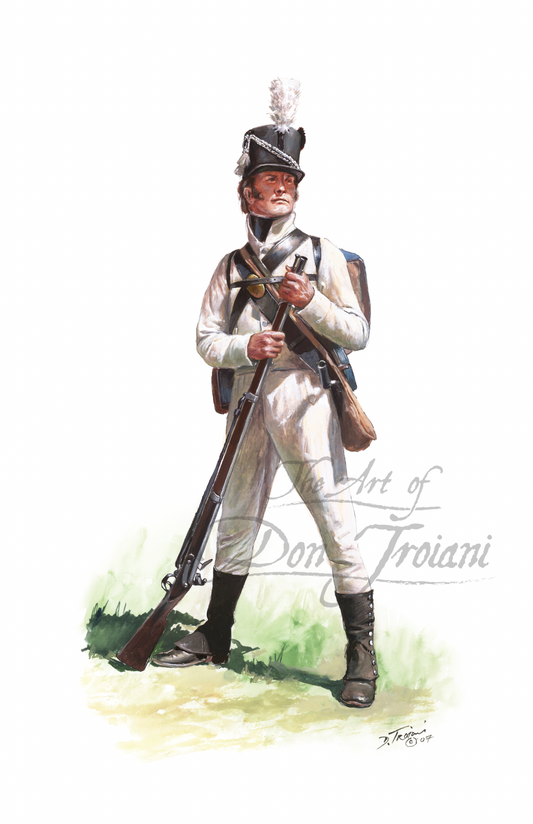 U.S. Infantry Private. Artistic depiction of a soldier in historical uniform holding a rifle on a white background.