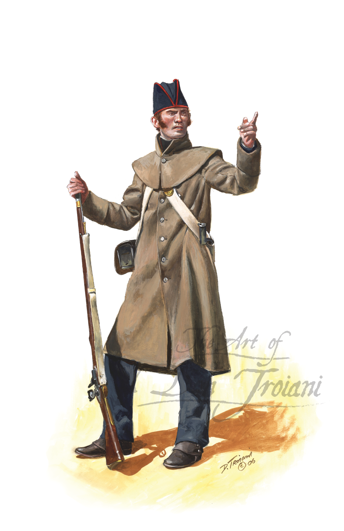 Illustration of a soldier in uniform holding a rifle on a white background