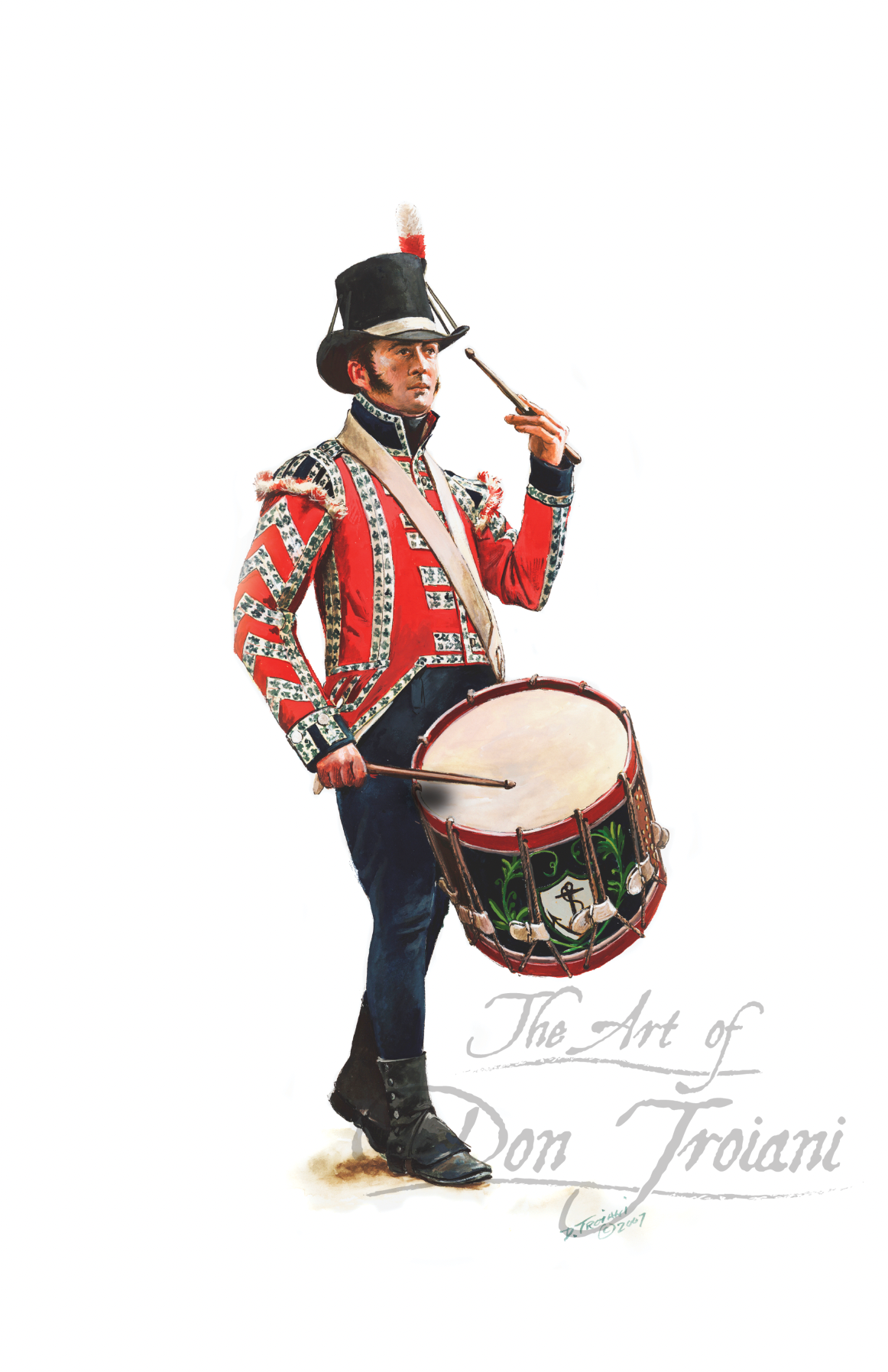 Illustration of a drummer in a red uniform with a drum, holding a drumstick, on a white background. The artist's signature 'The Art of Don Troiani' is visible.