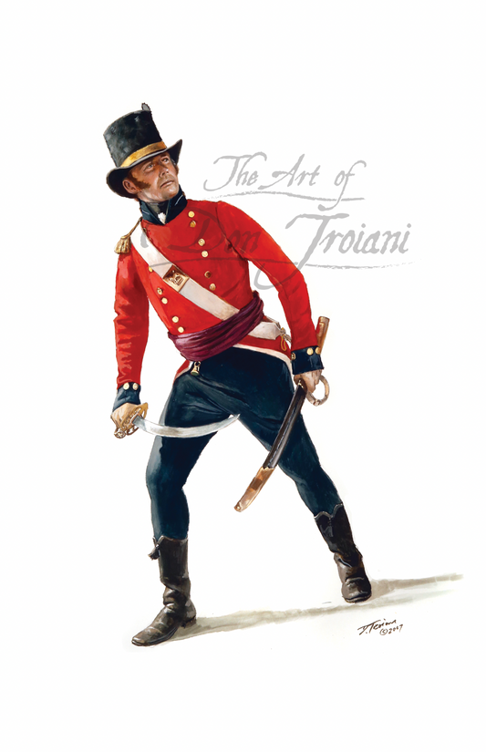 Royal Marine Officer. Artistic depiction of a soldier in a red uniform with a sword, standing on a white background.