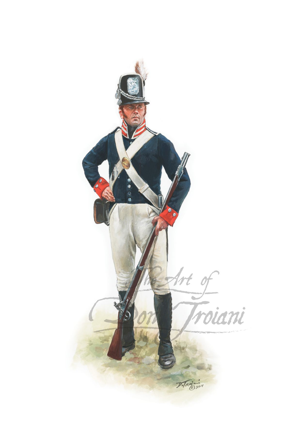 Private of the 32nd U.S. Infantry. Painting of a soldier in historical uniform holding a rifle on a white background