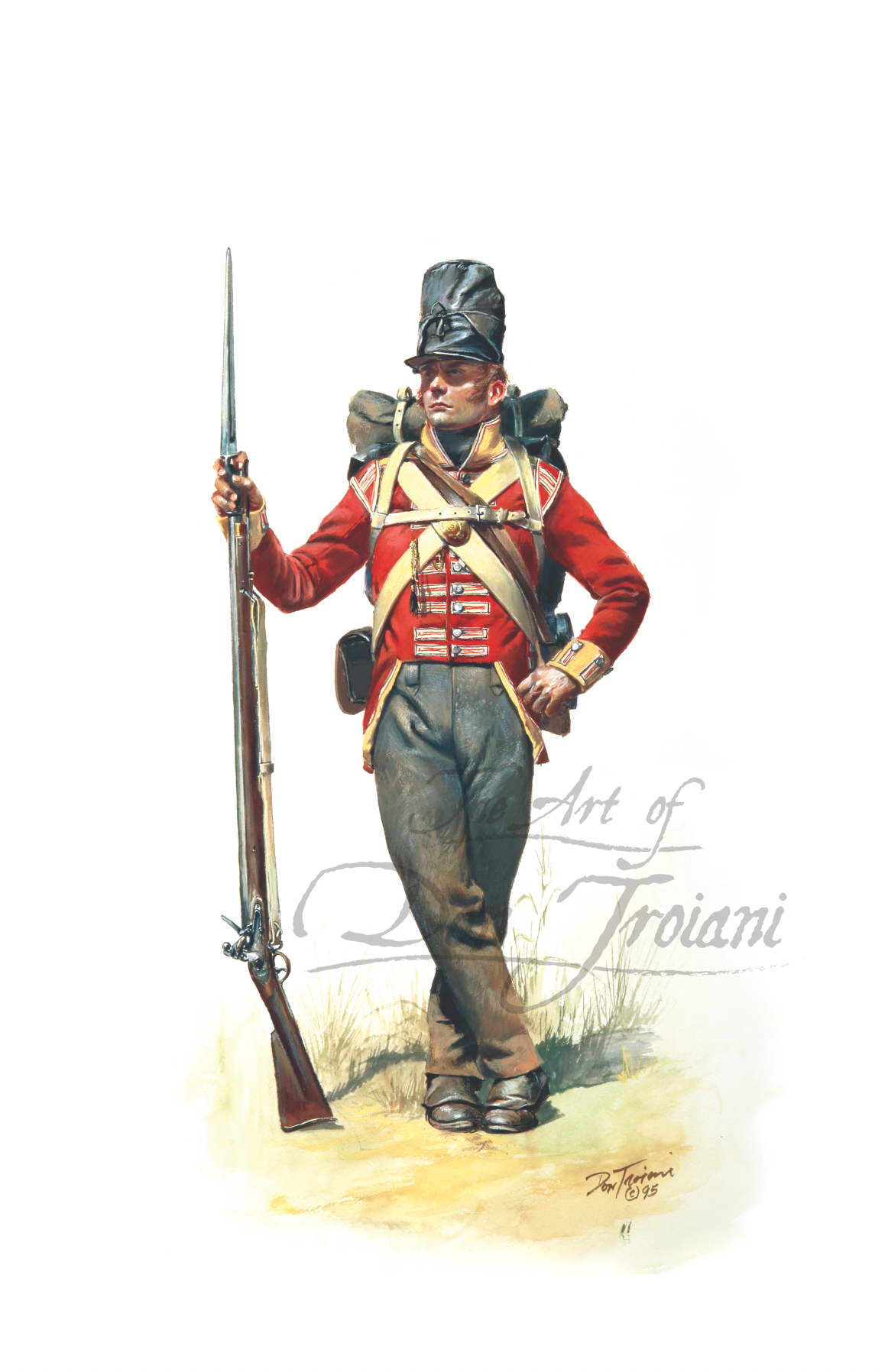 104th British Regiment. Painting of a soldier in historical military uniform with a rifle.