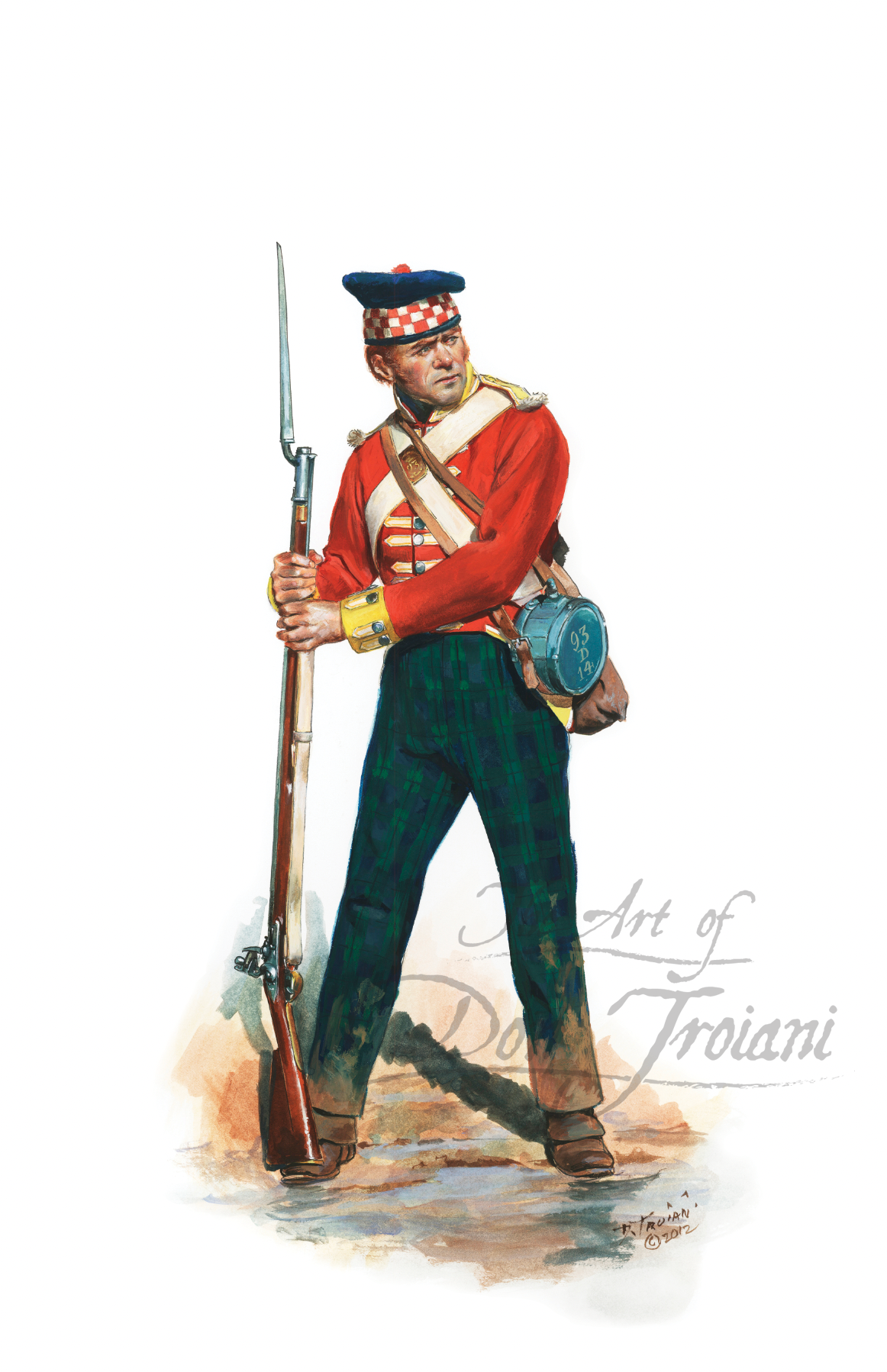 Sutherland Highlanders. Painting of a historical soldier in red uniform holding a rifle on a white background