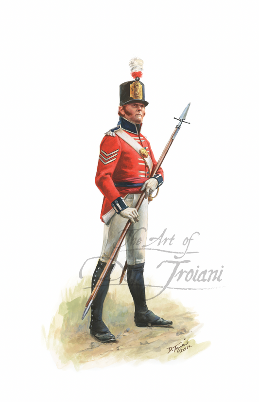British Sergeant. Artistic depiction of a soldier in red uniform with a sword.