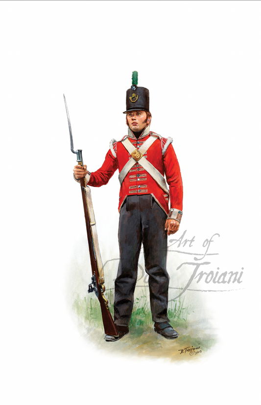 Painting of a soldier in red uniform holding a rifle on a white background