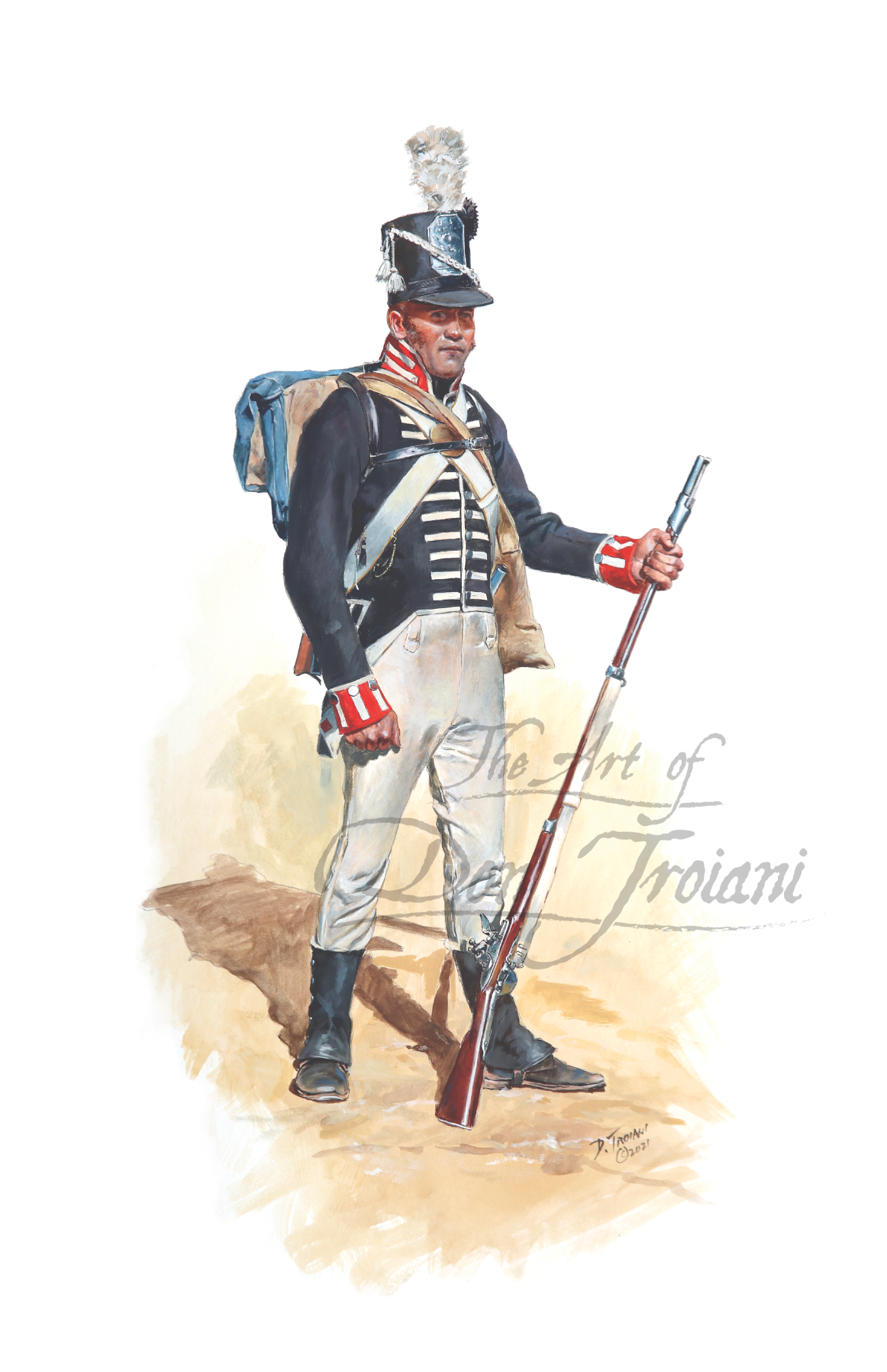 Don Troiani wall art print 16th US Infantry, 1812-13. Illustration of a soldier in historical uniform holding a rifle on a white background