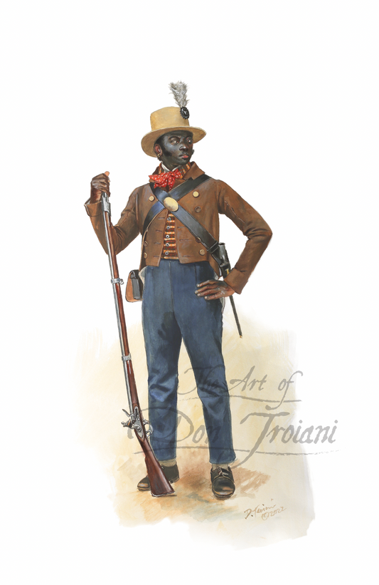 D’Aquin’s Battalion of Free Men of Color. Illustration of a soldier in Civil War uniform holding rifles, with 'Art of Don Troiani' signature.