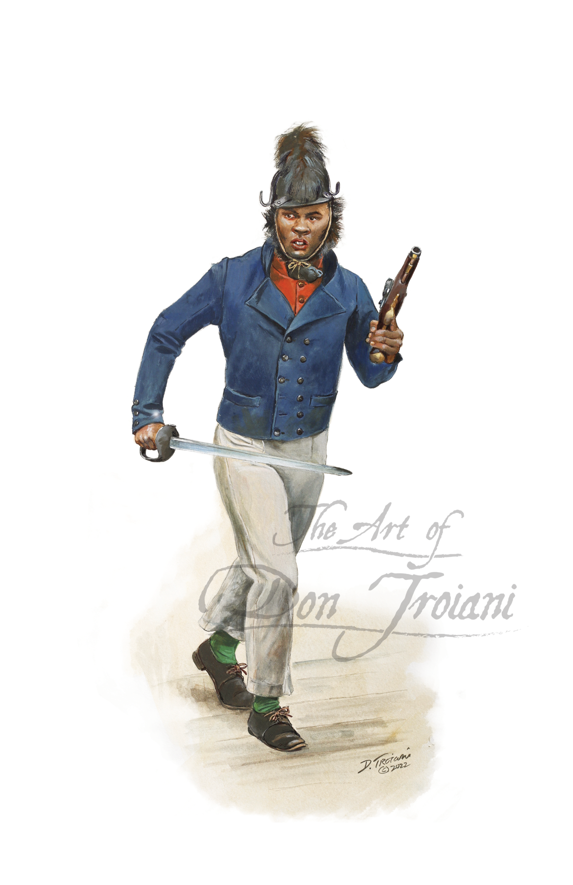 War of 1812, Black Sailor. Illustration of a person in a blue jacket holding a sword and a gun.
