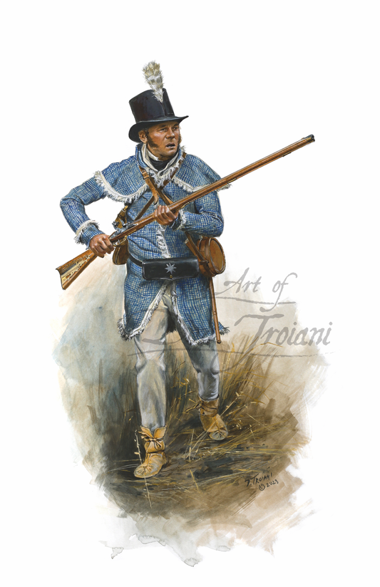 Orleans Rifle Company, Beale's Rifles. Illustration of a colonial soldier in blue uniform with a rifle, standing on a textured white background.