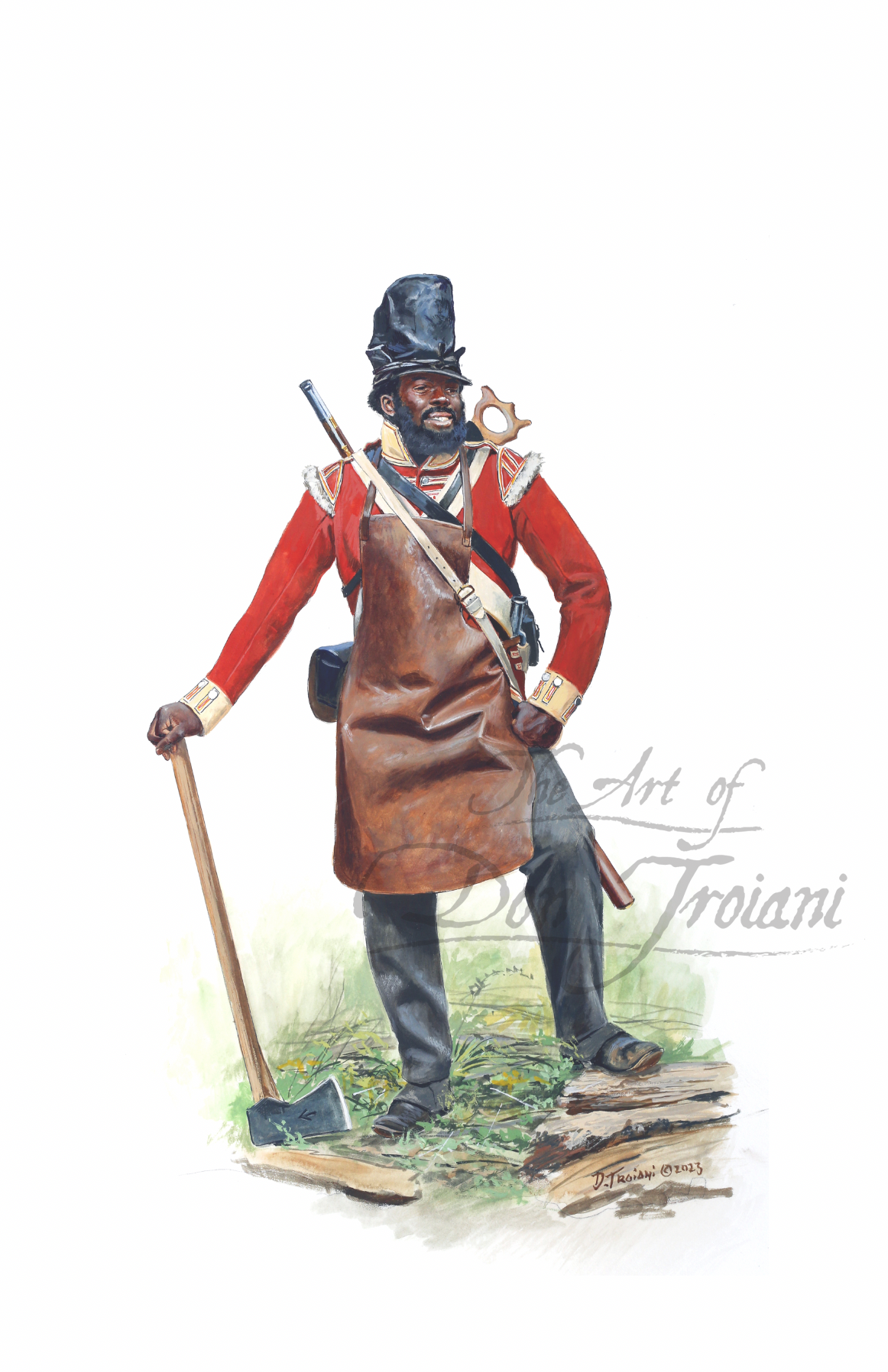 British Pioneer 104th Regiment of Foot. Illustration of a historical figure in red coat and leather apron with tools.