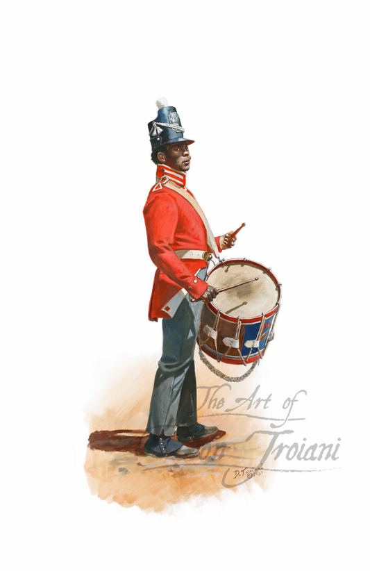 Jordan B. Noble. Illustration of a drummer in a red uniform with a drum.