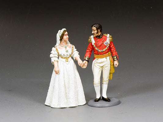King & Country Victoria and Albert Wedding 1840 — 1/30 scale matte-painted two-figure royal set with bride and groom in wedding dress. Catalog TR001.