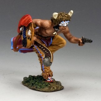 A detailed figurine of a Native American warrior wearing a horned headdress and face paint, holding a pistol and a decorated shield, posed in a dynamic stance on a textured base.