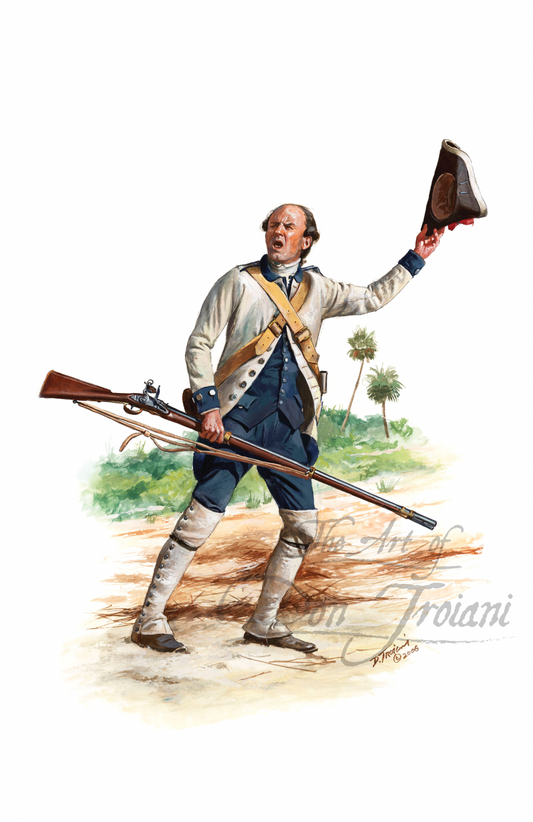 Private Of Spanish Colonial Regiment Of Louisiana. Painting of a colonial soldier holding a rifle and a hat, with a scenic background.