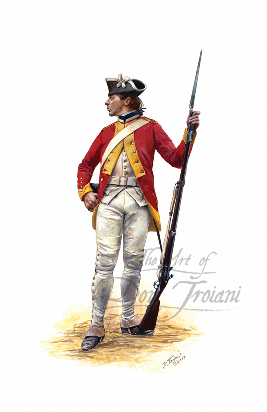 A Fusilier Of The Dillon Regiment. Artistic depiction of a soldier in colonial uniform holding a rifle on a white background.