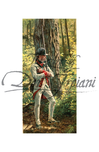 Don Troiani wall art print "4th New York Regiment". Soldier is posing in the woods. He is wearing a white uniform and holding a musket with bayonet.