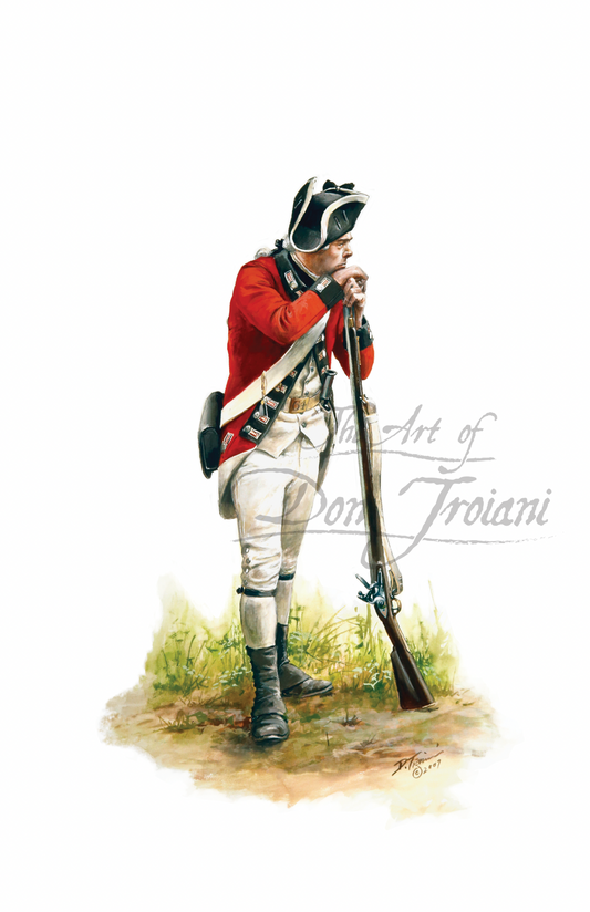 Battalion Company Private. Painting of a British soldier in red coat and white pants holding a rifle.