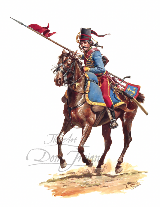Lancer Of Lauzun’s Legion. Painting of a mounted soldier with a spear and flag on a white background