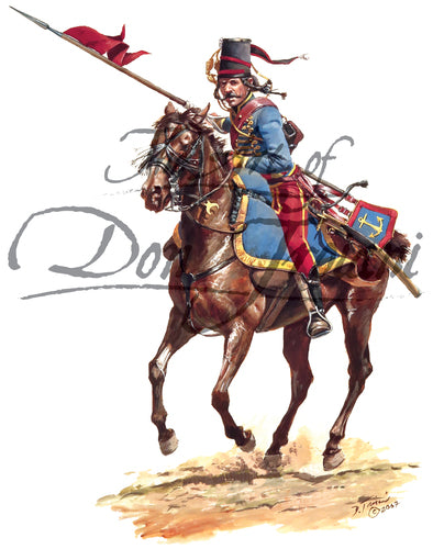 Don Troiani wall art print French Army Lancer of Lauzun's Legion. Soldier is on horse back with flag.
