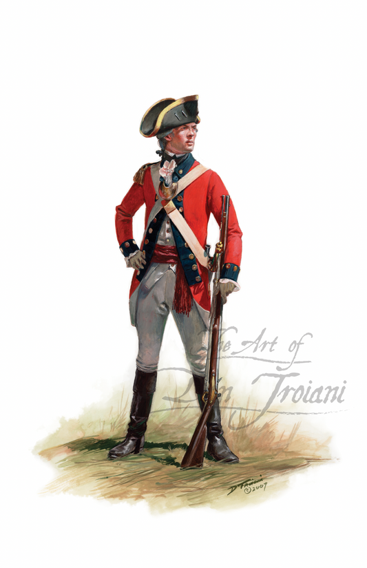 Loyalist: Officer of The King's American Regt. Painting of a soldier in colonial uniform holding a rifle on a white background, with 'The Art of Troiani' logo.
