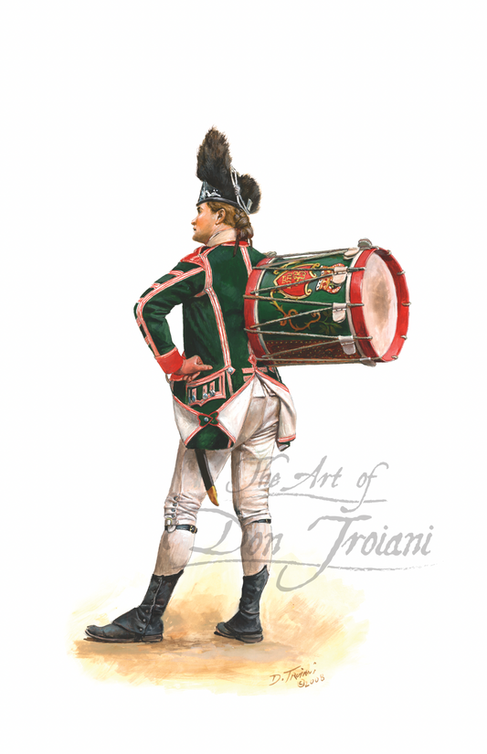 63rd Regiment of Foot. Illustration of a drummer in a green uniform with a drum on a white background.