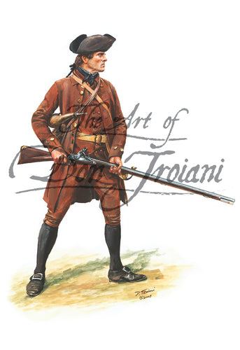Wall art print of Minute Man Massachusetts Militia. Soldier is wearing all brown uniform and holding a musket.