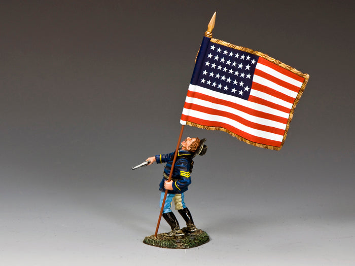 1/30 scale matte figure of Sgt. Robert Hughes falling with Colt and 36-star flag at Little Bighorn, June 1876.