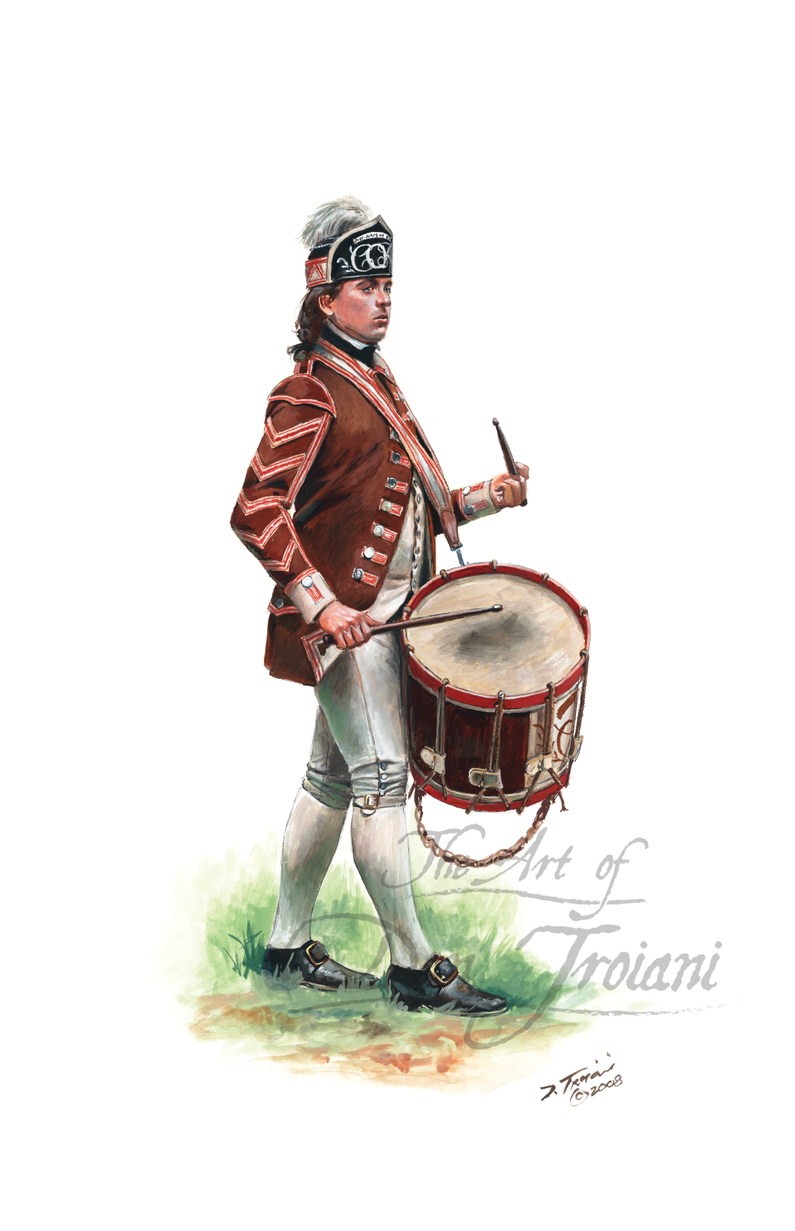 Drummer, 2nd Canadian Regiment. Illustration of a drummer in historical military uniform with a drum on a white background.