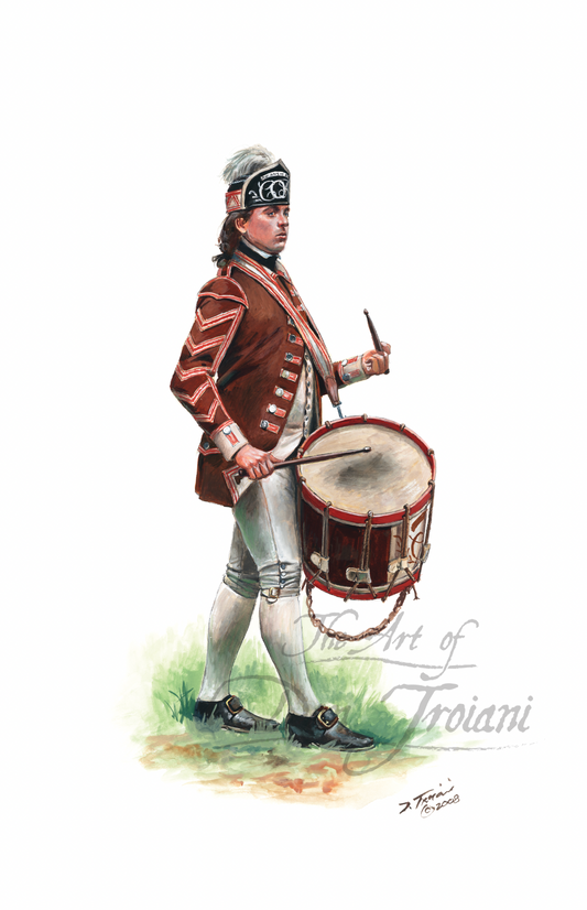 Drummer, 2nd Canadian Regiment. Illustration of a drummer in historical military uniform with a drum on a white background.