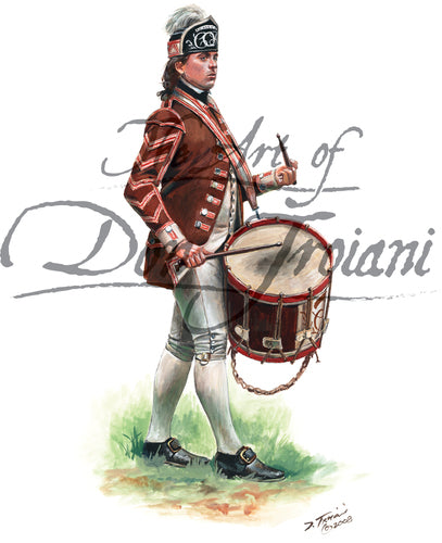 Don Troiani wall art Drummer, 2nd Canadian Regiment. Soldier is wearing white uniform and brown coat. He marching while playing a drum.