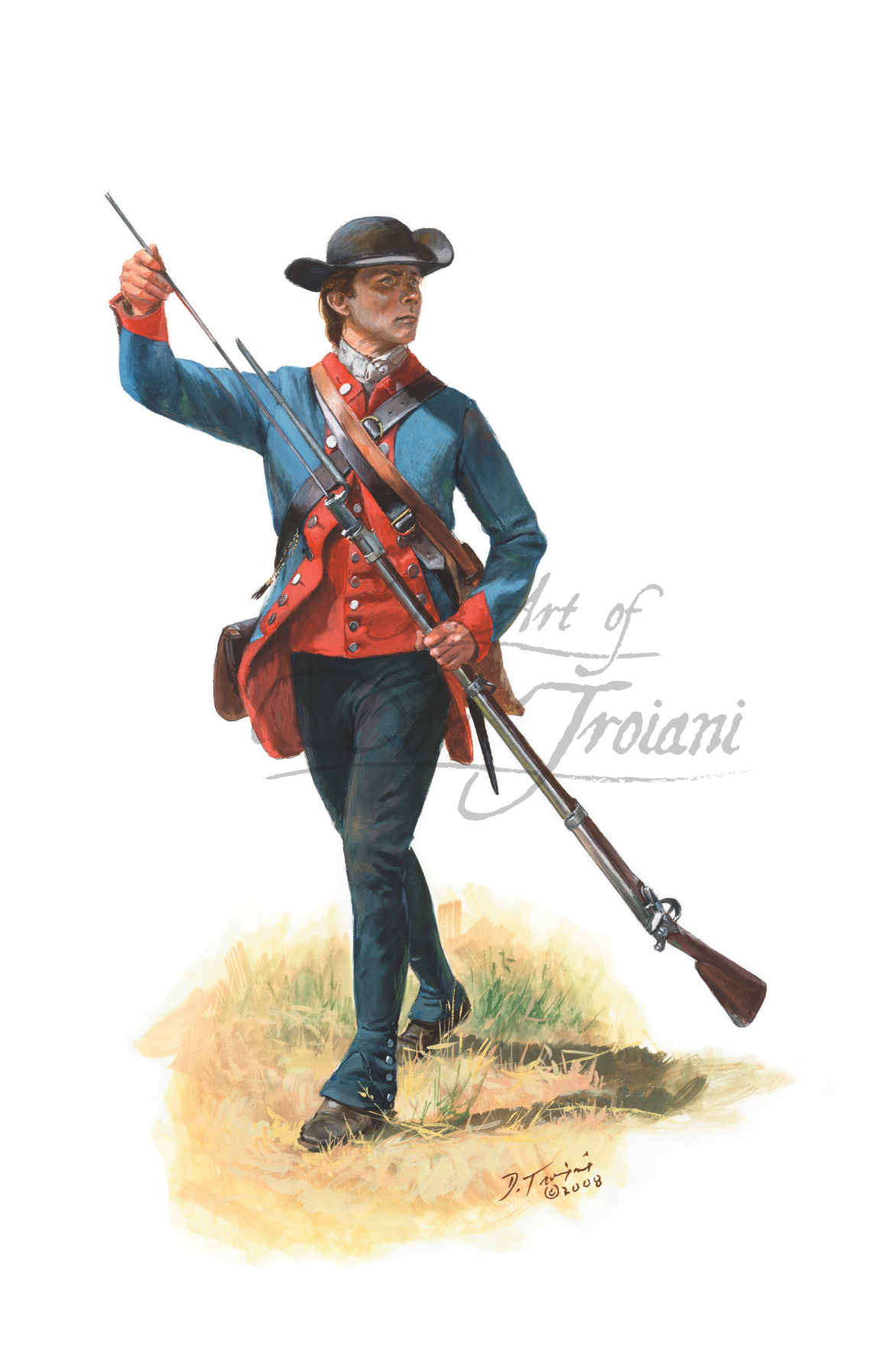 Private of the 2nd New Hampshire Regiment. Painting of a soldier in colonial attire holding a rifle on a white background