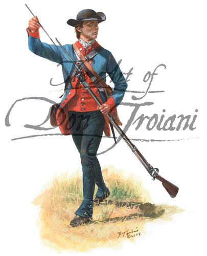 Don Troiani wall art print "Private of the 2nd New Hampshire  Regiment". Private in blue uniform arming musket.