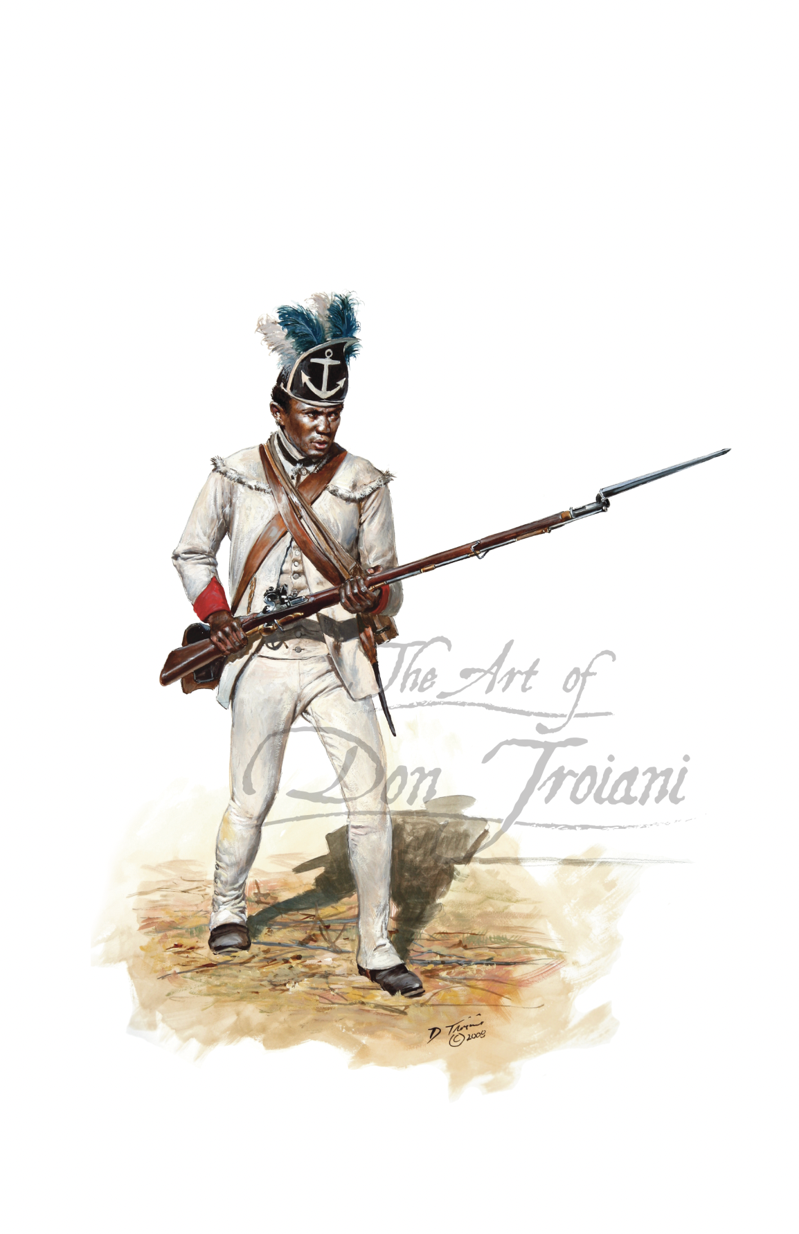 Rhode Island Regiment Private. Artistic depiction of a soldier in uniform holding a rifle.